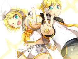 Rule 34 | 1boy, 1girl, :d, bare shoulders, belt, blonde hair, blush, bow, bowtie, buttons, closed mouth, crop top, detached sleeves, green eyes, hair bow, hair ornament, headphones, kagamine len, kagamine len (vocaloid4), kagamine rin, kagamine rin (vocaloid4), long sleeves, looking at viewer, matryoshka (borscht), miniskirt, musical note, nail polish, navel, necktie, one eye closed, open mouth, ponytail, sailor collar, shirt, short hair, short sleeves, shorts, skirt, sleeves past wrists, smile, sparkle, v, vocaloid, white shirt