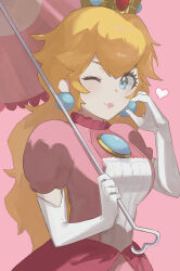 Rule 34 | 1girl, ;), absurdres, blonde hair, blue eyes, breasts, crown, dress, earrings, elbow gloves, from side, gloves, highres, holding, holding umbrella, jewelry, ka doku, large breasts, long hair, looking at viewer, looking to the side, mario (series), nintendo, one eye closed, pink background, pink dress, princess peach, puffy short sleeves, puffy sleeves, short sleeves, simple background, smile, solo, sphere earrings, super mario bros. 1, umbrella, upper body, white gloves