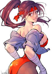 Rule 34 | 1girl, absurdres, artist name, ass, bandaged hand, bandages, bare shoulders, breakers, breasts, brown eyes, brown hair, closed mouth, commentary request, cropped jacket, headband, highres, jacket, leotard, lips, looking at viewer, looking back, medium breasts, off shoulder, open clothes, open jacket, pantyhose, ponytail, red leotard, signature, simple background, sleeveless, sleeveless jacket, smile, solo, strapless, strapless leotard, strikebeagle, tia langray, white background