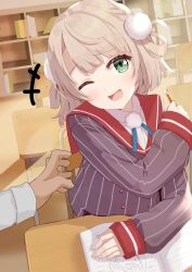 Rule 34 | +++, 1boy, 1girl, arm rest, blonde hair, blue ribbon, blunt bangs, book, chair, classroom, day, desk, green eyes, grey jacket, hair ornament, hair rings, hand up, highres, holding, holding pen, indie virtual youtuber, indoors, jacket, long sleeves, looking at viewer, neck ribbon, on chair, one eye closed, open book, open mouth, pen, pom pom (clothes), pom pom hair ornament, pov, pov hands, red sailor collar, ribbon, sailor collar, school chair, school desk, school uniform, shigure ui (vtuber), shigure ui (vtuber) (1st costume), shirt, short hair, sitting, smile, solo focus, striped clothes, striped jacket, taachika, tickling, tickling sides, vertical-striped clothes, vertical-striped jacket, virtual youtuber, white shirt