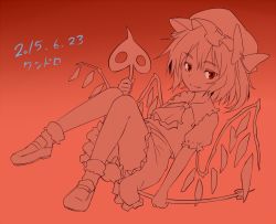 Rule 34 | 1girl, ascot, bow, brown background, closed mouth, dated, flandre scarlet, full body, gradient background, hat, holding, laevatein, loafers, looking at viewer, miyo (ranthath), mob cap, monochrome, red eyes, shoes, short sleeves, side ponytail, skirt, skirt set, smile, socks, solo, touhou