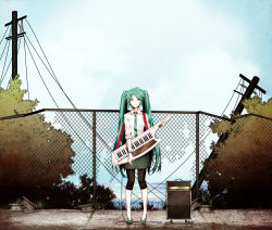 Rule 34 | 1girl, amplifier, aqua hair, arisaka ako, bad id, bad pixiv id, bracelet, cable, chain-link fence, cloud, day, expressionless, fence, hatsune miku, highres, instrument, jewelry, keyboard (instrument), keytar, long hair, looking at viewer, necktie, ocean, pigeon-toed, power lines, ruins, shadow, shoes, skirt, sky, solo, standing, twintails, utility pole, very long hair, vocaloid