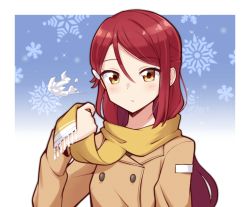 Rule 34 | 1girl, adjusting scarf, blush, breath, brown coat, ceph (greatyazawa1819), coat, commentary, double-breasted, hair ornament, hairclip, half updo, highres, long hair, long sleeves, looking at viewer, love live!, love live! sunshine!!, red hair, sakurauchi riko, scarf, snowflake background, snowing, solo, symbol-only commentary, upper body, yellow eyes, yellow scarf
