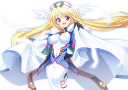 Rule 34 | 00s, 1girl, blonde hair, blush, bodysuit, breasts, cape, clothes lift, covered erect nipples, dress, dress lift, feathers, hat, head wings, impossible clothes, long hair, looking at viewer, mtu (orewamuzituda), navel, open mouth, purple eyes, simple background, skirt hold, smile, solo, ufo princess valkyrie, valkyrie (ufo princess valkyrie), very long hair, white background, wings