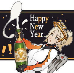 Rule 34 | 1girl, alcohol, bodysuit, champagne, champagne bottle, english text, halo, happy new year, high ponytail, highres, mechanical halo, mechanical wings, mercy (overwatch), new year, overwatch, overwatch 1, solo, splashbrush, wings, yellow wings