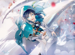 Rule 34 | 1boy, black hair, blue hair, blurry, blurry background, braid, cape, frilled sleeves, frills, genshin impact, gradient hair, green eyes, green hat, hair between eyes, hat, highres, holding, holding instrument, instrument, leaf, long sleeves, looking up, lyre, male focus, multicolored hair, open mouth, pantyhose, petals, ribbon, rokuon, sitting, smile, solo, trap, twin braids, venti (genshin impact), white pantyhose