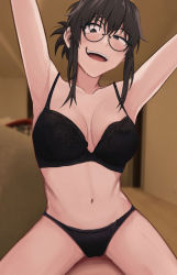 Rule 34 | 1girl, arms up, black-framed eyewear, black bra, black eyes, black panties, bra, breasts, brown eyes, cameltoe, collarbone, commentary, commentary request, crazy eyes, crazy smile, detective, girl on top, glasses, gyunzai, head tilt, highres, lingerie, looking at viewer, navel, open mouth, panties, pov, short hair with long locks, sidelocks, smile, solo, symbol-only commentary, teeth, uguisu anko, underwear, underwear only, upper teeth only, yandere, yofukashi no uta
