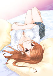 Rule 34 | 1girl, bad id, bad pixiv id, bed, breasts, brown hair, cleavage, crossed arms, long hair, lying, on back, ooshima towa, original, pillow, red eyes, shirt, short sleeves, skirt, solo, upside-down, white shirt
