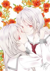 Rule 34 | 2girls, albino, colored eyelashes, commentary request, flower, grey hair, hair between eyes, hair over shoulder, hand on another&#039;s face, highres, long hair, low twintails, multiple girls, original, parted lips, red eyes, red flower, red neckwear, sailor collar, school uniform, serafuku, sheepd, shirt, siblings, signature, sisters, twins, twintails, upper body, white background, white sailor collar, white shirt, yuri