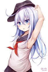 Rule 34 | 1girl, alternate costume, anchor symbol, armpits, black sailor collar, blue eyes, blush, breasts, flat cap, hair between eyes, hat, hibiki (kancolle), highres, kantai collection, long hair, looking at viewer, neckerchief, open mouth, pleated skirt, sailor collar, school uniform, shirt, silver hair, simple background, skirt, sleeveless, small breasts, solo, tateishi kureha, white background, white shirt