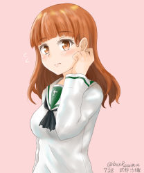 Rule 34 | 10s, 1girl, adjusting hair, arm behind back, black neckerchief, blouse, blunt bangs, blush, character name, closed mouth, commentary, dated, flying sweatdrops, girls und panzer, hako reeema, highres, light blush, light frown, long hair, long sleeves, looking at viewer, neckerchief, one-hour drawing challenge, ooarai school uniform, orange eyes, orange hair, pink background, school uniform, serafuku, shirt, simple background, solo, standing, takebe saori, twitter username, upper body, white shirt