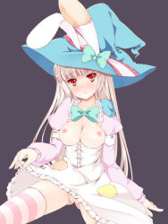 Rule 34 | 1girl, albino, animal ears, bad id, bad pixiv id, bow, breasts, breasts out, cleft of venus, clothes pull, hat, irisu kyouko, irisu shoukougun!, large breasts, nipples, no panties, open mouth, pussy, rabbit ears, red eyes, ribbon, shirt pull, simple background, sitting, solo, striped clothes, striped thighhighs, thighhighs, uncensored, white hair, witch hat, yako