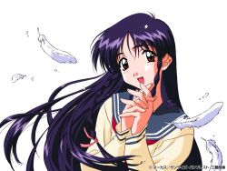 Rule 34 | 1girl, black hair, brown eyes, company name, copyright notice, feathers, head tilt, interlocked fingers, long hair, long sleeves, looking at viewer, non-web source, official art, open mouth, own hands together, school uniform, sentimental graffiti, sentimental journey (anime), smile, solo, sugihara manami, upper body, white background