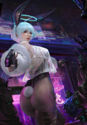 Rule 34 | 1girl, 3others, absurdres, android, animal ears, ass, bare shoulders, black jacket, black neckwear, blue hair, bow, bowtie, breasts, chromatic aberration, commentary, cowboy shot, crop top, cross-laced clothes, cyberpunk, cyborg, dual wielding, exposed muscle, fake animal ears, fishnet pantyhose, fishnets, from below, fur trim, glasses, glowing, gun, halo, handgun, highres, holding, holding gun, holding sword, holding weapon, jacket, laser, laser pointer projection, laser sight, leotard, lips, looking at viewer, makeup, mechanical parts, multiple others, nail polish, neon lights, neon trim, nose, original, outstretched arms, pantyhose, parted lips, pink lips, pistol, playboy bunny, pouch, rabbit ears, rabbit tail, realistic, red eyes, robot, round eyewear, san mufan, science fiction, see-through, short hair, sleeveless, solo focus, stitches, sword, tail, teeth, thighs, torn clothes, torn legwear, translation request, twisted torso, upper teeth only, weapon