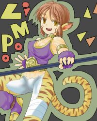 Rule 34 | 1girl, animal ears, breath of fire, breath of fire ii, cat ears, cat tail, facial mark, fingerless gloves, gloves, looking at viewer, open mouth, orange hair, pointy ears, rinpoo chuan, short hair, sicky (pit-bull), smile, solo, staff, tail