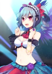 Rule 34 | 10s, 1girl, bad id, bad pixiv id, breasts, cleavage, drill hair, hairband, idolmaster, idolmaster cinderella girls, kanzaki ranko, lolita hairband, long hair, midriff, muryotaro, open mouth, red eyes, silver hair, smile, solo, twin drills, twintails, wings