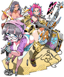 3girls abs animal_print ass blue_eyes blue_hair blue_panties breasts cleavage collar colored_tips commission dark-skinned_female dark_skin drum drum_set drumsticks elbow_gloves electric_guitar fishnets gloves green_eyes grey_gloves grey_hair guitar half-closed_eyes hand_up hat holding holding_drumsticks holding_guitar holding_instrument holding_microphone instrument kafun leaning_forward looking_at_viewer microphone multicolored_hair multiple_girls open_mouth original panties pink_eyes pink_hair raleigh_layne_wheeler_(mac) revealing_clothes rock_band shadow shoes short_hair skeb_commission smile speaker spiked_collar spikes teeth thighhighs two-tone_hair underwear upper_teeth_only