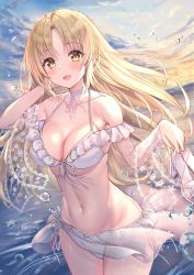 Rule 34 | 1girl, akabane (zebrasmise), blonde hair, blush, breasts, cleavage, collarbone, commentary request, highres, large breasts, looking at viewer, navel, nijisanji, ocean, open mouth, sandals, sister claire, sky, solo, virtual youtuber, water drop, yellow eyes