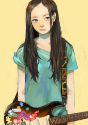 Rule 34 | 1girl, absurdres, artist name, blue shirt, brown hair, electric guitar, eyebrows, fender stratocaster, forehead, frown, green eyes, guitar, head tilt, highres, instrument, junjunforever, lips, long hair, looking to the side, nose, original, parted bangs, sad, shirt, simple background, solo, standing, sticker, strap, upper body, yellow background