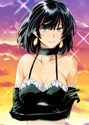 Rule 34 | 1girl, arms under breasts, black hair, bra, breasts, choker, cleavage, collarbone, earrings, elbow gloves, frills, fubuki (one-punch man), gloves, green eyes, haruhisky, highres, jewelry, one-punch man, short hair, smile, solo, underwear, wind
