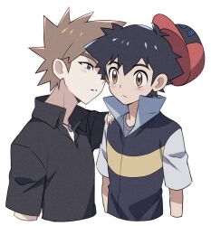 Rule 34 | 2boys, ash ketchum, black hair, blush, brown eyes, brown hair, closed mouth, collared shirt, commentary request, creatures (company), game freak, gary oak, hand on another&#039;s shoulder, hat, highres, jacket, jewelry, looking at another, male focus, multiple boys, necklace, nintendo, parted lips, pokemon, pokemon (anime), pokemon dppt (anime), popped collar, red headwear, shirt, short hair, short sleeves, spiked hair, tuze111, upper body, white background