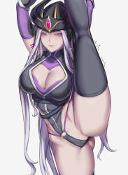 Rule 34 | 1girl, annoyed, black leotard, black thighhighs, breasts, cleavage, cleavage cutout, clothing cutout, elbow gloves, gloves, gluteal fold, headdress, highres, kumiko shiba, large breasts, league of legends, leg lift, leotard, long hair, looking at viewer, pink eyes, silver hair, simple background, solo, split, spread legs, standing, standing on one leg, syndra, tagme, thighhighs, thighs, very long hair, white background