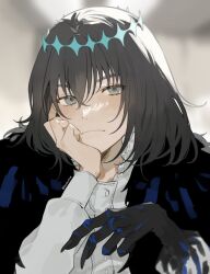 Rule 34 | 1boy, absurdres, black cape, black hair, blurry, blurry background, buttons, cape, closed mouth, diamond hairband, dress shirt, eyelashes, fate/grand order, fate (series), fingernails, frilled shirt collar, frills, frown, grey hair, hair between eyes, hand on own face, highres, long sleeves, looking at viewer, male focus, oberon (fate), oberon (third ascension) (fate), portrait, romo827, sharp fingernails, shirt, solo