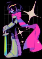 Rule 34 | 1other, ahoge, armor, artist name, black background, black hair, blue skin, breastplate, chromatic aberration, colored skin, deltarune, expressionless, film grain, full body, gauntlets, grid background, hands on hilt, highres, holding, holding weapon, kris (deltarune), leg armor, long legs, long scarf, menma (enaic31), no mouth, other focus, pink eyes, pink scarf, planted, planted sword, planted weapon, scarf, short hair, shoulder armor, simple background, solo, sparkle, standing, sword, twitter username, weapon