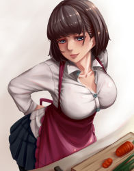 Rule 34 | 1girl, apron, arms behind back, black pantyhose, blue eyes, blue skirt, breasts, brown hair, brown lips, buttons, carrot, cleavage, closed mouth, collarbone, collared shirt, cowboy shot, cutting board, dress shirt, dydydyok, food, hair ornament, hairclip, highres, knife, large breasts, lips, lipstick, long sleeves, looking at viewer, makeup, original, pantyhose, pleated skirt, shirt, short hair, skirt, smile, solo, tying apron, unbuttoned, unbuttoned shirt, vegetable, waist apron, white shirt