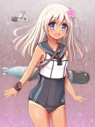 Rule 34 | 10s, 1girl, akisame rizu, blonde hair, blue eyes, crop top, dual persona, flower, hair flower, hair ornament, kantai collection, long hair, md5 mismatch, one-piece swimsuit, one-piece tan, open mouth, ro-500 (kancolle), sailor collar, school swimsuit, standing, swimsuit, swimsuit under clothes, tan, tanline, u-511 (kancolle)