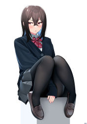 Rule 34 | 1girl, :o, absurdres, aki (1360505188), black pantyhose, black skirt, blue cardigan, blue hair, blush, bow, bowtie, brown footwear, brown hair, cardigan, collared shirt, colored inner hair, crossed bangs, full body, highres, knees together feet apart, loafers, long hair, long sleeves, looking away, multicolored hair, original, pantyhose, pleated skirt, red bow, red bowtie, red eyes, shirt, shoes, sideways glance, simple background, sitting, skirt, solo, striped bow, striped bowtie, striped clothes, white background