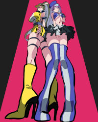 Rule 34 | 2girls, \m/, alternate costume, asamiya athena, back-to-back, bad id, bad pixiv id, blue footwear, boots, breasts, brown eyes, brown hair, dress, fingerless gloves, from below, full body, gloves, high heel boots, high heels, highres, hohehohe, idol, knee boots, large breasts, long hair, midriff, multiple girls, navel, perspective, ponytail, purple eyes, purple hair, shiranui mai, short dress, side-tie costume, simple background, skindentation, skirt, snk, taut clothes, the king of fighters, thigh boots, thigh strap, thighhighs, very long hair, yellow footwear