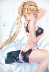 Rule 34 | 1girl, arm up, ass, blonde hair, blush, breasts, butt crack, competition swimsuit, earrings, gem, hand on own chest, headpiece, inoue takuya (tactactak), jewelry, large breasts, long hair, looking at viewer, lying, mythra (xenoblade), nintendo, one-piece swimsuit, ponytail, shadow, solo, swept bangs, swimsuit, thigh strap, tiara, wet, xenoblade chronicles (series), xenoblade chronicles 2, yellow eyes
