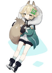 Rule 34 | 1girl, absurdres, animal ear fluff, animal ears, black footwear, blonde hair, boots, closed mouth, fox ears, fox tail, fur-trimmed jacket, fur trim, hair ornament, highres, holding tail, hood, hood up, hooded jacket, jacket, long sleeves, looking at viewer, original, sh (shinh), short hair, simple background, socks, solo, tail, two-tone background, yellow eyes