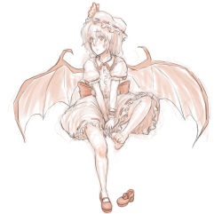 Rule 34 | 1girl, bat wings, blush, feet, full body, hat, hat ribbon, highres, kuro suto sukii, leg up, looking at viewer, mary janes, mob cap, monochrome, no socks, puffy sleeves, red eyes, remilia scarlet, ribbon, shoes, unworn shoes, short sleeves, single shoe, sitting, sketch, skirt, solo, touhou, white background, wings