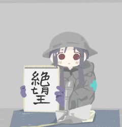 Rule 34 | 1girl, bad id, bad pixiv id, black hair, brodie helmet, chito (shoujo shuumatsu ryokou), gloves, helmet, highres, holding, holding sign, microphone, combat helmet, naaga sonomono, reiwa, shoujo shuumatsu ryokou, sign, solid eyes, solo, translated, twintails