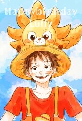 Rule 34 | 1209rikka, 1boy, animal, black hair, character name, commentary request, happy birthday, hat, highres, lion, looking up, male focus, monkey d. luffy, on head, one piece, one piece film: red, red shirt, scar, scar on face, shirt, short sleeves, sky, smile, straw hat, teeth, thousand sunny, upper body, upper teeth only
