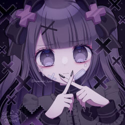 Rule 34 | 1girl, black background, black bow, black hair, black nails, bow, center frills, closed mouth, commentary request, crying, crying with eyes open, frills, grey eyes, grey shirt, hair bow, hair ornament, highres, himetsuki luna, long hair, looking at viewer, nail polish, original, shirt, solo, tears, two side up, upper body, very long hair, wavy mouth, x fingers, x hair ornament