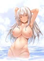 Rule 34 | 00s, 1girl, armpits, arms behind head, arms up, blush, breasts, doll joints, joints, large breasts, long hair, looking at viewer, navel, nipples, nude, ocean, partially submerged, red eyes, rozen maiden, silver hair, sketch, solo, suigintou, tousen, wading, water