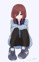 Rule 34 | 1girl, black pantyhose, blue eyes, blue sweater, blush, brown hair, closed mouth, commentary request, crossed arms, eyebrows hidden by hair, full body, go-toubun no hanayome, grey background, grey footwear, hair over one eye, hair over shoulder, headphones, headphones around neck, highres, knees up, kujou karasuma, long hair, long sleeves, looking at viewer, nakano miku, new balance, pantyhose, parted bangs, shoes, signature, simple background, sitting, sleeves past wrists, smile, sneakers, solo, sweater