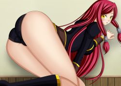 Rule 34 | 1girl, against wall, alternate color, alternate eye color, arc system works, ass, bent over, blazblue, blue eyes, blush, boots, breasts, hair tubes, highres, large breasts, leaning, leaning forward, long hair, looking at viewer, no pants, open mouth, panties, parted lips, red hair, seraphina, sideboob, tsubaki yayoi, underwear, uniform, very long hair, yellow eyes