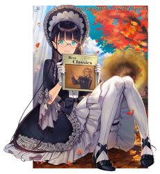 Rule 34 | 1girl, artist name, autumn leaves, black bow, black dress, black footwear, black hair, blue eyes, blue sky, blunt bangs, bonnet, bow, cloud, day, dress, frilled skirt, frills, full body, glasses, gloves, holding, jit, long hair, looking at viewer, official art, on ground, outdoors, parted lips, phonograph, record jacket, sid story, sitting, skirt, sky, solo, striped, striped bow, thighhighs, watermark, white gloves, white thighhighs