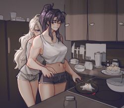 Rule 34 | 2girls, bare arms, bare shoulders, black hair, black shorts, breasts, collarbone, commentary, commission, cooking, crop top, food, frying pan, grey hair, grey shirt, hands on another&#039;s hips, high ponytail, highres, indoors, kitchen, knife, large breasts, long hair, looking at another, meme, midriff, multiple girls, navel, original, pink eyes, ponytail, popopoka, purple eyes, shirt, short shorts, shorts, smile, standing, white shirt, yuri