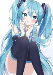 Rule 34 | 1girl, absurdres, bare shoulders, black sleeves, black thighhighs, blue eyes, blue hair, blush, collared shirt, detached sleeves, dot nose, feet out of frame, frilled shirt, frills, hair between eyes, hair ornament, hatsune miku, head tilt, highres, holding, holding hair, knees together feet apart, long hair, long sleeves, looking at viewer, noneon319, own hands together, parted lips, raised eyebrows, shirt, simple background, sitting, sleeveless, sleeveless shirt, solo, thighhighs, thighs, twintails, very long hair, vocaloid, white background, white shirt