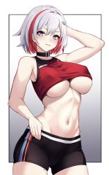 Rule 34 | 1girl, arm up, bare arms, bare shoulders, black shorts, blue eyes, breasts, colored inner hair, commentary, cowboy shot, crop top, highres, honkai: star rail, honkai (series), large breasts, looking at viewer, midriff, multicolored hair, navel, red hair, red shirt, shirt, short hair, short shorts, shorts, skindentation, sleeveless, sleeveless shirt, smile, solo, standing, stomach, topaz (honkai: star rail), underboob, white hair, yan kodiac