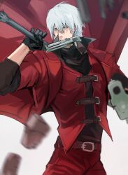 Rule 34 | 1boy, blue eyes, coat, dante (devil may cry), devil may cry (anime), devil may cry (series), facial hair, gloves, gun, gun in mouth, hair between eyes, highres, holding, holding gun, holding weapon, ivory (devil may cry), looking at viewer, male focus, minoxis, open mouth, rebellion (sword), red coat, solo, stepping, stubble, weapon, white hair