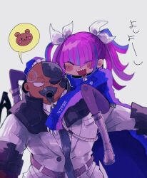 Rule 34 | 1boy, 1girl, armor, bald, belt, blue hair, blue necktie, blush, blush stickers, boots, chachan chan, closed eyes, commentary request, dark-skinned male, dark skin, dominic fulltank, guillaume hall, hair over one eye, hair ribbon, headpat, highres, jacket, long hair, long sleeves, looking at another, mask, master detective archives: rain code, mouth mask, multicolored hair, necktie, open mouth, purple hair, ribbon, sharp teeth, shoulder armor, simple background, sitting, sitting on person, sitting on shoulder, smile, streaked hair, teeth, twintails, white footwear, white jacket