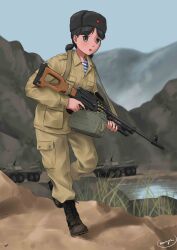 Rule 34 | 1girl, ammunition, ammunition belt, ammunition box, armored personnel carrier, armored vehicle, bipod, black eyes, black footwear, black hat, blue shirt, boots, brown pants, brown shirt, cargo pants, collared shirt, combat boots, commentary, day, english commentary, full body, fur hat, general purpose machine gun, grass, grey hat, gun, gun sling, handle, hat, hat ornament, highres, holding, holding gun, holding weapon, long sleeves, looking ahead, low twintails, machine gun, medium hair, military, military uniform, military vehicle, motor vehicle, mountain, mrxinom, open collar, open mouth, outdoors, pants, pkm, pocket, red star, shirt, signature, sky, soldier, solo, soviet, standing, star (symbol), star hat ornament, striped clothes, striped shirt, telnyashka, trigger discipline, twintails, two-tone shirt, undershirt, uniform, ushanka, war in afghanistan, water, weapon, white shirt