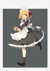 Rule 34 | 1girl, ;d, ahoge, alternate costume, apron, black dress, black footwear, blonde hair, border, breasts, commentary request, dress, enmaided, frilled apron, frills, full body, grey background, grey border, grey socks, hair ribbon, highres, long sleeves, looking at viewer, maid, maid apron, maid headdress, medium breasts, one eye closed, open mouth, petticoat, red eyes, red ribbon, ribbon, rumia, running, sh (shinh), shoes, simple background, smile, socks, solo, touhou, white apron, wing collar