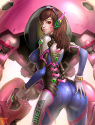 Rule 34 | 1girl, acronym, armor, artist name, ass, bodysuit, boots, bracer, breasts, brown eyes, brown hair, cameltoe, character name, charm (object), closed mouth, covered erect nipples, cowboy shot, d.va (overwatch), facepaint, facial mark, finger on trigger, from behind, gloves, gun, hand on own ass, handgun, headphones, highres, holding, holding gun, holding weapon, large breasts, legs apart, limgae, lips, lipstick, long hair, long sleeves, looking at viewer, looking back, makeup, mecha, meka (overwatch), overwatch, overwatch 1, pauldrons, pilot suit, pink lips, plugsuit, ribbed bodysuit, robot, shiny clothes, shoulder armor, shoulder pads, skin tight, smile, solo, thigh boots, thigh strap, thighhighs, turtleneck, weapon, whisker markings, white footwear, white gloves